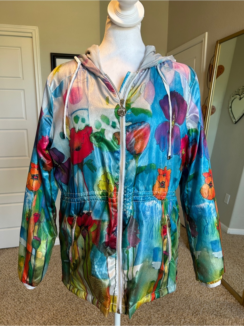 Simply Art by Dolcezza Floral Watercolor Padded Zip Hooded Jacket Small 20830